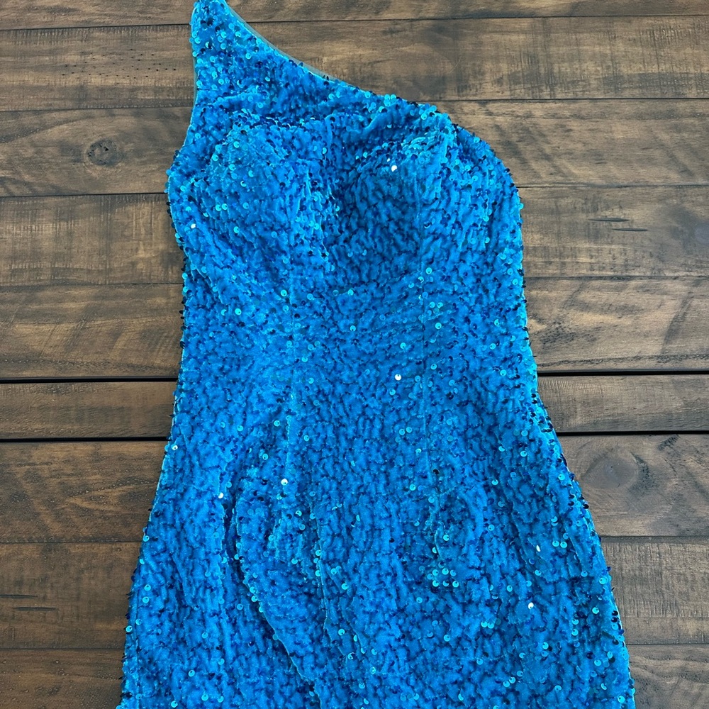 Blue shimmer homecoming dress off the shoulder open back dress